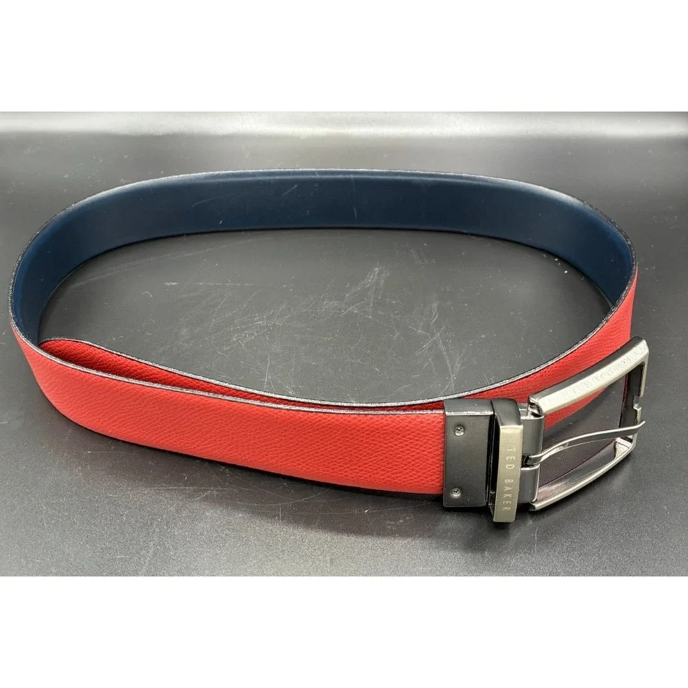 Ted Baker London Reversible Belt Mens 31 Navy Blue Red Gunmetal Buckle